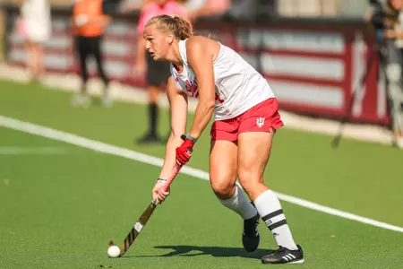 BLOOMINGTON, IN - October 23, 2022 - defender Sydney Keld #4 of the Indiana Hoosiers during the game between the Ohio University Bobcats and the Indiana Hoosiers at IU Field Hockey Complex in Bloomington, IN. Photo By Gracie Farrall\Indiana Athletics
