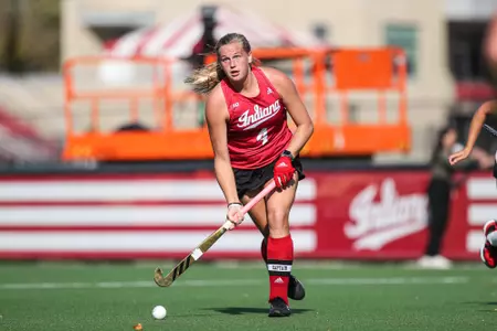 BLOOMINGTON, IN - October 21, 2022 - defender Sydney Keld #4 of the Indiana Hoosiers during the game between the Ohio State Buckeyes and the Indiana Hoosiers at Deborah Tobias Field in Bloomington, IN. Photo By Trent Barnhart/Indiana Athletics