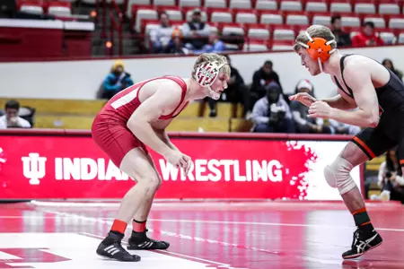 BLOOMINGTON, IN - November 18, 2022 - Cayden Rooks during the meet between the Princeton Tigers and the Indiana Hoosiers at Assembly Hall in Bloomington, IN. Photo By Sammy Nance/Indiana Athletics