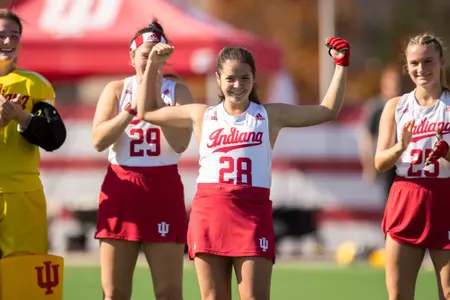 BLOOMINGTON, IN - October 23, 2022 - midfielder Sofia Arrebola Garcia #28 of the Indiana Hoosiers during the game between the Ohio University Bobcats and the Indiana Hoosiers at IU Field Hockey Complex in Bloomington, IN. Photo By Gracie Farrall\Indiana Athletics