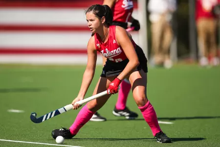 BLOOMINGTON, IN - October 2, 2022 - midfielder Sofia Arrebola Garcia #28 of the Indiana Hoosiers during the game between the Penn State Nittany Lions and the Indiana Hoosiers at IU Field Hockey Complex in Bloomington, IN. Photo By Gretta Cohoon/Indiana Athletics