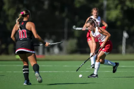 BLOOMINGTON, IN - September 30, 2022 - defender Taylor Etling #19 of the Indiana Hoosiers during the game between the Rutgers Scarlett Knights and the Indiana Hoosiers at IU Field Hockey Complex in Bloomington, IN. Photo By Chris Conaway