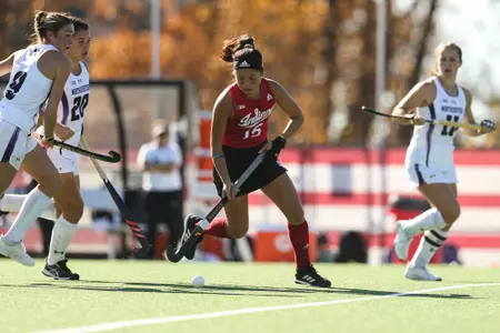 BLOOMINGTON, IN - October 28, 2022 - defender Yip van Wonderen #15 of the Indiana Hoosiers during the game between the Northwestern Wildcats and the Indiana Hoosiers at IU Field Hockey Complex in Bloomington, IN. Photo By Lauren Mervar/Indiana Athletics