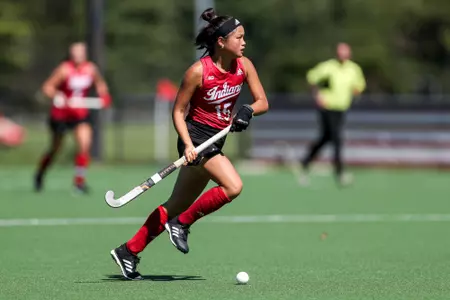 BLOOMINGTON, IN - September 25, 2022 - defender Yip van Wonderen #15 of the Indiana Hoosiers during the game between the Miami Ohio Red Hawks and the Indiana Hoosiers at IU Field Hockey Complex in Bloomington, IN. Photo By Chris Conaway