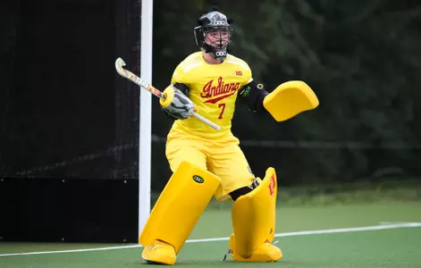 BLOOMINGTON, IN - August 19, 2022 - goalkeeper Arabella Loveridge #7 of the Indiana Hoosiers during the game between the Ball State Cardinals and the Indiana Hoosiers at IU Field Hockey Complex in Bloomington, IN. Photo By Gretta Cohoon/Indiana Athletics