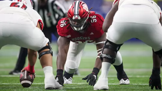 INDIANAPOLIS, IN - September 16, 2023 - defensive lineman Philip Blidi #96 of the Indiana Hoosiers during the game between the Louisville Cardinals and the Indiana Hoosiers at Lucas Oil Stadium in Indianapolis, IN. Photo By Sammy Nance/Indiana Athletics