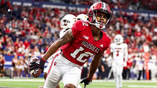 INDIANAPOLIS, IN - September 16, 2023 - running back Jaylin Lucas #12 of the Indiana Hoosiers during the game between the Louisville Cardinals and the Indiana Hoosiers at Lucas Oil Stadium in Indianapolis, IN. Photo By Andrew Mascharka/Indiana Athletics