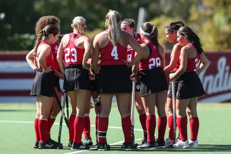 BLOOMINGTON, IN - October 10, 2023 - the Indiana Hoosiers field hockey team during the game between the Louisville Cardinals and the Indiana Hoosiers at Deborah Tobias Field in Bloomington, IN. Photo By Rachel Gillam/Indiana Athletics