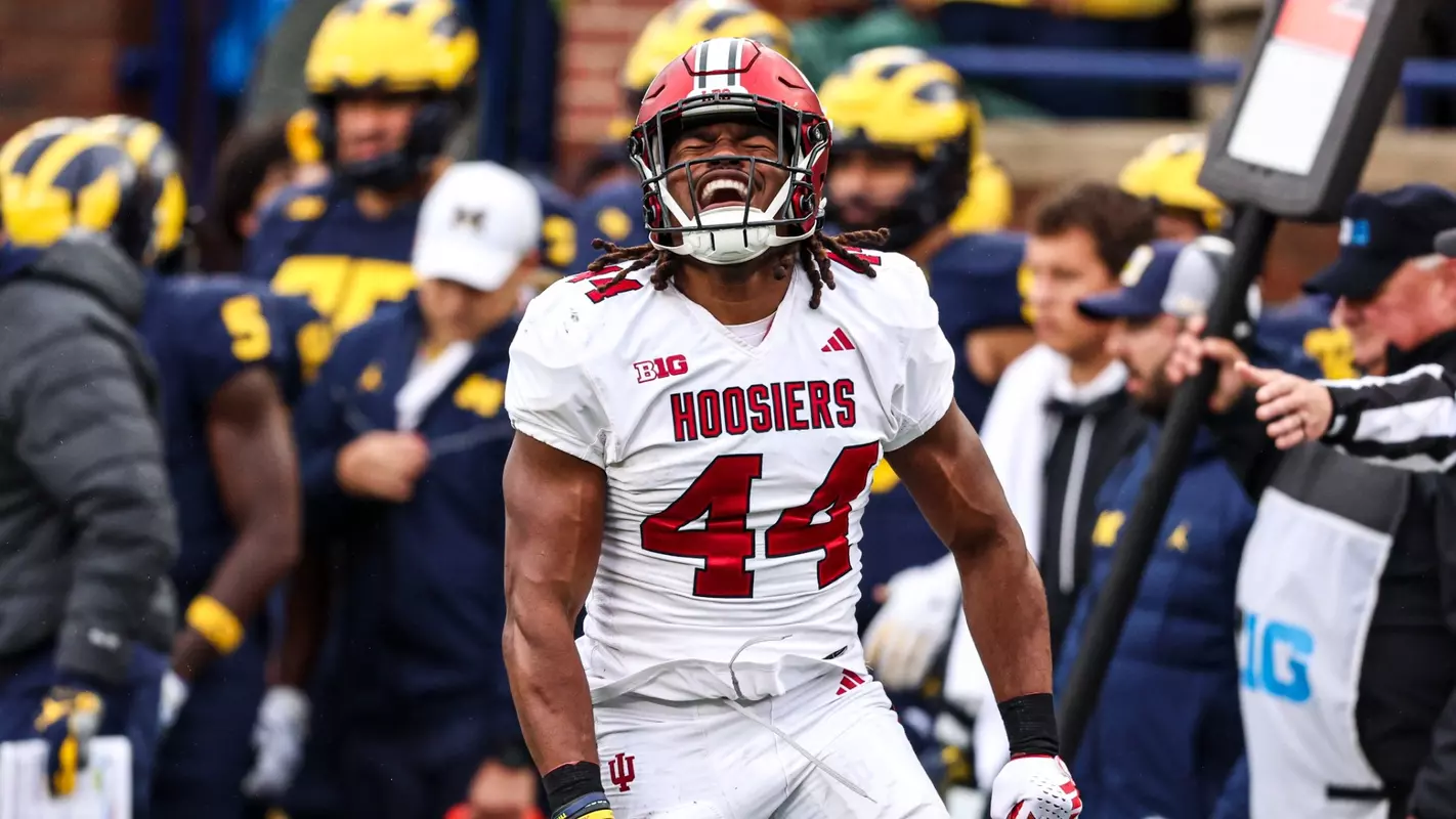 ANN ARBOR, MI - October 14, 2023 - linebacker Aaron Casey #44 of the Indiana Hoosiers during the game between the Michigan Wolverines and the Indiana Hoosiers at Michigan Stadium in Ann Arbor, MI. Photo By Pearson Georges/Indiana Athletics