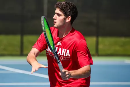 BLOOMINGTON, IN - April 15, 2023 - Sam Landau during the meet between the Michigan Wolverines and the Indiana Hoosiers at IU Tennis Center in Bloomington, IN. Photo By Gretta Cohoon/Indiana Athletics