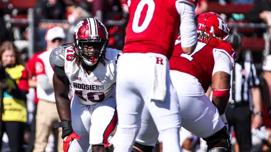 PISCATAWAY, NJ - OCTOBER 22, 2022 - outside linebacker Myles Jackson #10 of the Indiana Hoosiers during the game between the Rutgers Scarlet Knights and the Indiana Hoosiers at SHI Stadium in Piscataway, NJ. Photo By Andrew Mascharka/Indiana Athletics