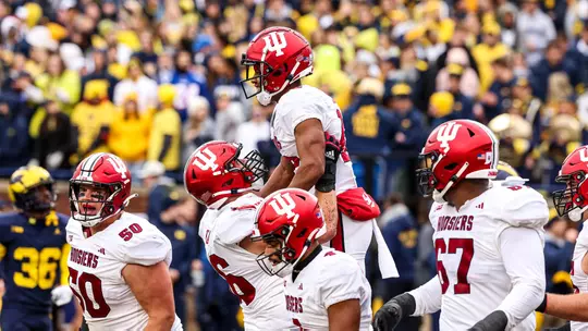 ANN ARBOR, MI - October 14, 2023 - running back Jaylin Lucas #12 of the Indiana Hoosiers during the game between the Michigan Wolverines and the Indiana Hoosiers at Michigan Stadium in Ann Arbor, MI. Photo By Andrew Mascharka / Indiana Athletics