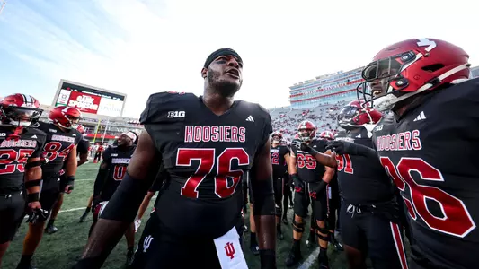 BLOOMINGTON, IN - September 23, 2023 - offensive lineman Matthew Bedford #76 of the Indiana Hoosiers during the game between the Akron Zips and the Indiana Hoosiers at Memorial Stadium in Bloomington, IN.