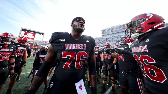 BLOOMINGTON, IN - September 23, 2023 - offensive lineman Matthew Bedford #76 of the Indiana Hoosiers during the game between the Akron Zips and the Indiana Hoosiers at Memorial Stadium in Bloomington, IN.