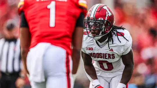 COLLEGE PARK, MD - September 30, 2023 - defensive back Noah Pierre #0 of the Indiana Hoosiers during the game between the Indiana Hoosiers and the Maryland Terrapins at SECU Stadium in College Park, MD. Photo By Trent Barnhart/Indiana Athletics