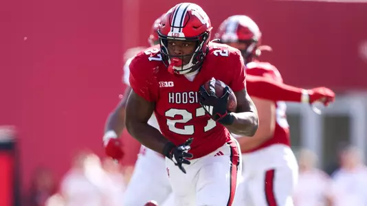 BLOOMINGTON, IN - October 21, 2023 - running back Trent Howland #27 of the Indiana Hoosiers during the game between the Rutgers Scarlet Knights and the Indiana Hoosiers at Memorial Stadium in Bloomington, IN. Photo By Andrew Mascharka/Indiana Athletics