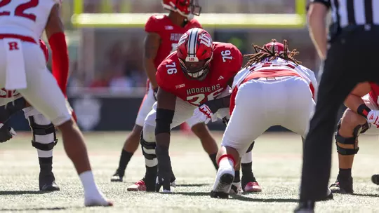BLOOMINGTON, IN - October 21, 2023 - offensive lineman Matthew Bedford #76 of the Indiana Hoosiers during the game between the Rutgers Knights and the Indiana Hoosiers at Memorial Stadium in Bloomington, IN. Photo By Sammy Nance/Indiana Athletics