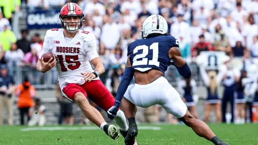 STATE COLLEGE, PA - October 28, 2023 - quarterback Brendan Sorsby # 15 of the Indiana Hoosiers during the game between the Penn State Nittany Lions and the Indiana Hoosiers at Beaver Stadium in State College, PA. Photo By Andrew Mascharka/Indiana Athletics
