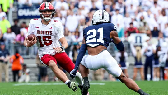STATE COLLEGE, PA - October 28, 2023 - quarterback Brendan Sorsby # 15 of the Indiana Hoosiers during the game between the Penn State Nittany Lions and the Indiana Hoosiers at Beaver Stadium in State College, PA. Photo By Andrew Mascharka/Indiana Athletics