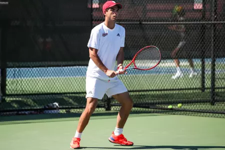 BLOOMINGTON, IN - April 15, 2023 - Luc Boulier during the meet between the Michigan Wolverines and the Indiana Hoosiers at IU Tennis Center in Bloomington, IN. Photo By Gretta Cohoon/Indiana Athletics