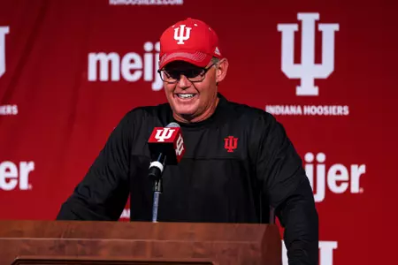 BLOOMINGTON, IN - September 11, 2023 - Indiana Hoosiers Head Coach Tom Allen during press conference at Memorial Stadium in Bloomington, IN. Photo By Andrew Mascharka/Indiana Athletics