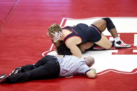BLOOMINGTON, IN - November 10, 2023 - Gabe Sollars during the meet between the Rider Broncs and the Indiana Hoosiers at Assembly Hall in Bloomington, IN. Photo By Sammy Nance/Indiana Athletics