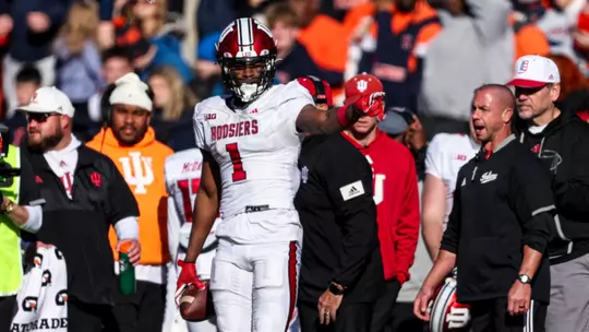 CHAMPAIGN, ILL - November 11, 2023 - wide receiver Donaven McCulley #1 of the Indiana Hoosiers during the game between the Illinois Fighting Illini and the Indiana Hoosiers at Memorial Stadium in Champaign, Ill. Photo By Andrew Mascharka/Indiana Athletics