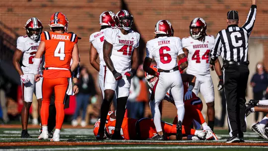 CHAMPAIGN, ILL - November 11, 2023 - outside linebacker Lanell Carr #41 of the Indiana Hoosiers during the game between the Illinois Fighting Illini and the Indiana Hoosiers at Memorial Stadium in Champaign, Ill. Photo By Andrew Mascharka/Indiana Athletics