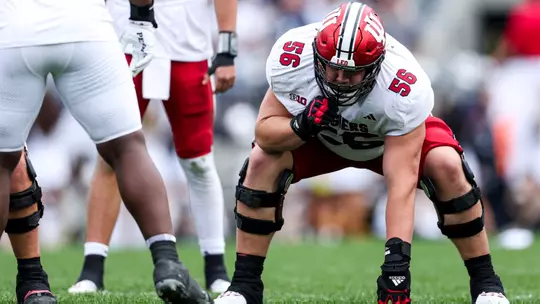 STATE COLLEGE, PA - October 28, 2023 - offensive lineman Mike Katic #56 of the Indiana Hoosiers during the game between the Penn State Nittany Lions and the Indiana Hoosiers at Beaver Stadium in State College, PA. Photo By Andrew Mascharka/Indiana Athletics