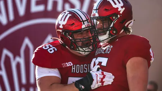 BLOOMINGTON, IN - November 18, 2023 - offensive lineman Mike Katic #56 of the Indiana Hoosiers and tight end Trey Walker #45 of the Indiana Hoosiers during the game between the Michigan State Spartans and the Indiana Hoosiers at Memorial Stadium in Bloomington, IN. Photo By Gretta Cohoon/Indiana Athletics