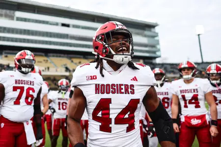 WEST LAFAYETTE, IN - November 25th, 2023 - linebacker Aaron Casey #44 of the Indiana Hoosiers during the game between the Purdue Boilermakers and the Indiana Hoosiers at Ross-Ade Stadium in West Lafayette, IN. Photo By Indiana Athletics