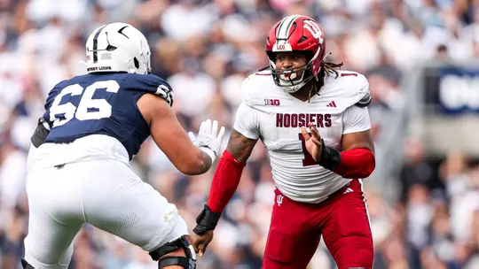 STATE COLLEGE, PA - October 28, 2023 - defensive lineman Andre Carter #1 of the Indiana Hoosiers during the game between the Penn State Nittany Lions and the Indiana Hoosiers at Beaver Stadium in State College, PA. Photo By Andrew Mascharka/Indiana Athletics