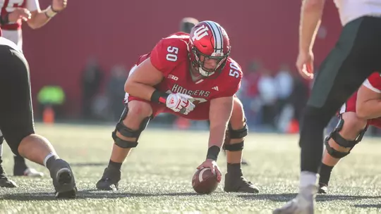 BLOOMINGTON, IN - November 18, 2023 - offensive linemen Zach Carpenter #50 of the Indiana Hoosiers during the game between the Michigan State Spartans and the Indiana Hoosiers at Memorial Stadium in Bloomington, IN. Photo By Sammy Nance/Indiana Athletics