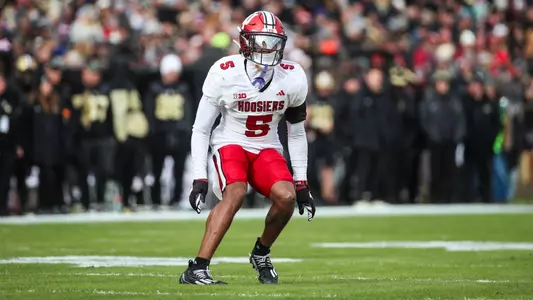 BLOOMINGTON, IN - November 25, 2023 - defensive back Kobe Minor #5 of the Indiana Hoosiers during the game between the Purdue Boilermakers and the Indiana Hoosiers at Ross-Ade Stadium in West Lafayette, IN. Photo By Pearson Georges/Indiana Athletics