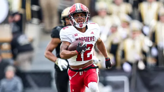 WEST LAFAYETTE, IN - November 25, 2023 - running back Jaylin Lucas #12 of the Indiana Hoosiers during the game between the Purdue Boilermakers and the Indiana Hoosiers at Memorial Stadium in Bloomington, IN. Photo By Andrew Mascharka/Indiana Athletics