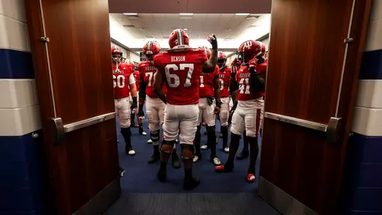 INDIANAPOLIS, IN - September 16, 2023 - offensive lineman Kahlil Benson #67 of the Indiana Hoosiers during the game between the Louisville Cardinals and the Indiana Hoosiers at Lucas Oil Stadium in Indianapolis, IN. Photo By Andrew Mascharka/Indiana Athletics