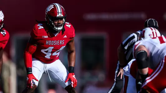 BLOOMINGTON, IN - November 04, 2023 - linebacker Aaron Casey #44 of the Indiana Hoosiers during the game between the Wisconsin Badgers and the Indiana Hoosiers at Memorial Stadium in Bloomington, IN. Photo By Andrew Mascharka/Indiana Athletics