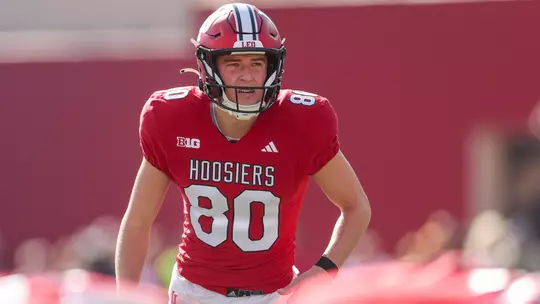BLOOMINGTON, IN - November 04, 2023 - kicker Chris Freeman #80 of the Indiana Hoosiers during the game between the Wisconsin Badgers and the Indiana Hoosiers at Memorial Stadium in Bloomington, IN. Photo By Sammy Nance/Indiana Athletics