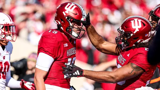 BLOOMINGTON, IN - November 04, 2023 - quarterback Brendan Sorsby # 15 of the Indiana Hoosiers during the game between the Wisconsin Badgers and the Indiana Hoosiers at Memorial Stadium in Bloomington, IN. Photo By Andrew Mascharka/Indiana Athletics