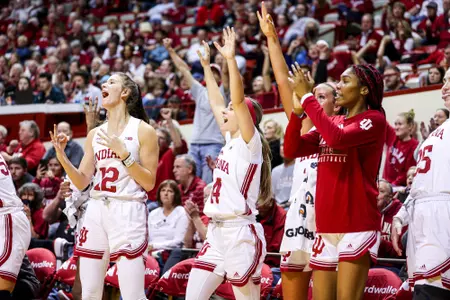 BLOOMINGTON, IN - November 09, 2023 - guard Sara Scalia #14 and guard Yarden Garzon #12 of the Indiana Hoosiers during the game between the Eastern Illinois Panthers and the Indiana Hoosiers at Simon Skjodt Assembly Hall in Bloomington, IN. Photo By Gretta Cohoon/Indiana Athletics