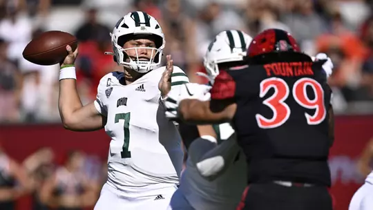 Aug 26, 2023; San Diego, California, USA; Ohio Bobcats quarterback Kurtis Rourke (7) throws a pass against the San Diego State Aztecs during the first half at Snapdragon Stadium. Mandatory Credit: Orlando Ramirez-USA TODAY Sports