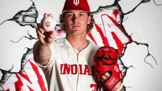 BLOOMINGTON, IN - NOVEMBER 03, 2022 - right-handed pitcher Cooper Katsee #38 of the Indiana Hoosiers during Photo Day at Bart Kaufman Field in Bloomington, IN. Photo By Andrew Mascharka/Indiana Athletics