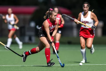 BLOOMINGTON, IN - September 25, 2022 - midfield/forward Kennedy Reardon #16 of the Indiana Hoosiers during the game between the Miami Ohio Red Hawks and the Indiana Hoosiers at IU Field Hockey Complex in Bloomington, IN. Photo By Chris Conaway