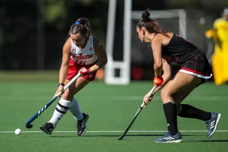BLOOMINGTON, IN - September 30, 2022 - midfield/forward Kennedy Reardon #16 of the Indiana Hoosiers during the game between the Rutgers Scarlett Knights and the Indiana Hoosiers at IU Field Hockey Complex in Bloomington, IN. Photo By Chris Conaway