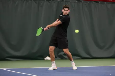 BLOOMINGTON, IN - March 10, 2023 - Sam Landau during the meet between the Rutgers Scarlet Knights and the Indiana Hoosiers at IU Tennis Center in Bloomington, IN. Photo By Dalton Wainscott/Indiana Athletics