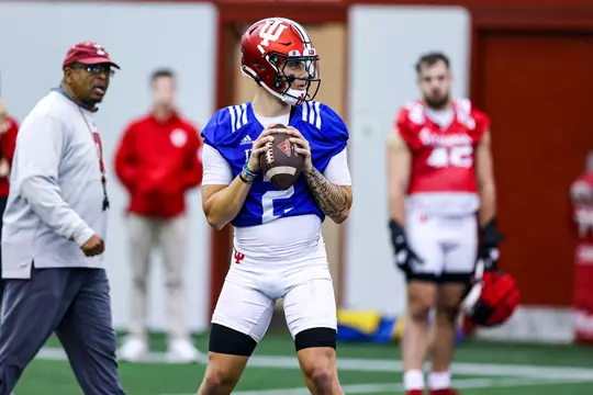 BLOOMINGTON, IN - March 04, 2023 - quarterback Tayven Jackson #2 of the Indiana Hoosiers during practice at Memorial Stadium in Bloomington, IN. Photo By Gracie Farrall/Indiana Athletics
