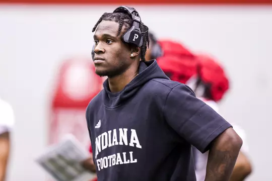 BLOOMINGTON, IN - March 07, 2023 - quarterback Dexter Williams II #5 of the Indiana Hoosiers during Spring Camp at John Mellencamp Pavillion in Bloomington, IN. Photo By Andrew Mascharka/Indiana Athletics