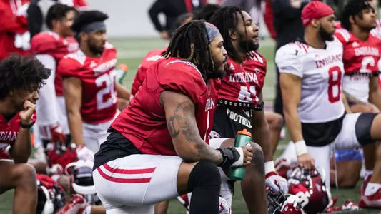 BLOOMINGTON, IN - March 09, 2023 - defensive lineman Andre Carter #1 of the Indiana Hoosiers during Spring Camp at John Mellencamp Pavillion in Bloomington, IN. Photo By Rachel Gillam/Indiana Athletics