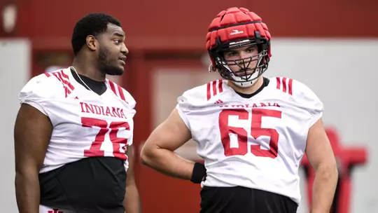 BLOOMINGTON, IN - March 21, 2023 - offensive lineman Matthew Bedford #76 of the Indiana Hoosiers at spring ball at Memorial Stadium in Bloomington, IN. Photo By Andrew Mascharka/Indiana Athletics
