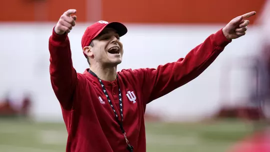BLOOMINGTON, IN - March 23, 2023 - Indiana Hoosiers Co-Defensive Coordinator and Safeties Coach Matt Guerrieri during practice at Memorial Stadium in Bloomington, IN. Photo By Andrew Mascharka/Indiana Athletics